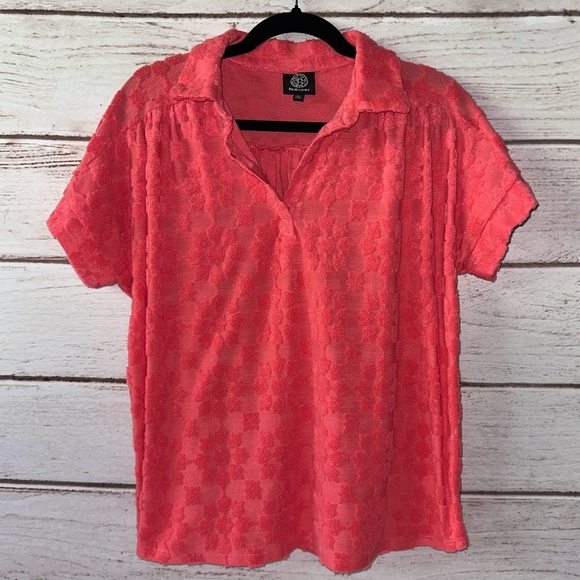 Bobeau Coral Textured Floral Short Sleeve Top – Women’s Size Large Summer Spring - Picture 1 of 5